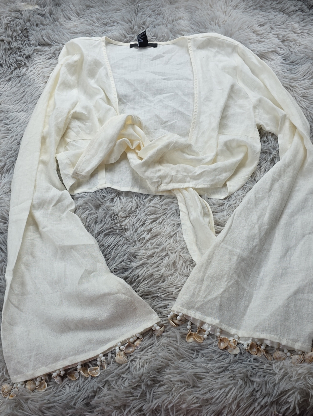 Forever 21 Ivory Tie-Front Shrug with Shell Fringe